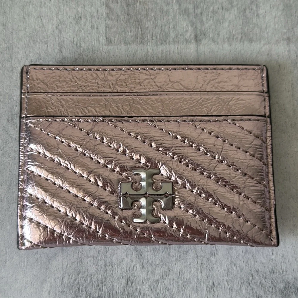 Tory Burch Leather Kira Moto Quilt Metallic Pave Logo Card Case Sparkle Pink